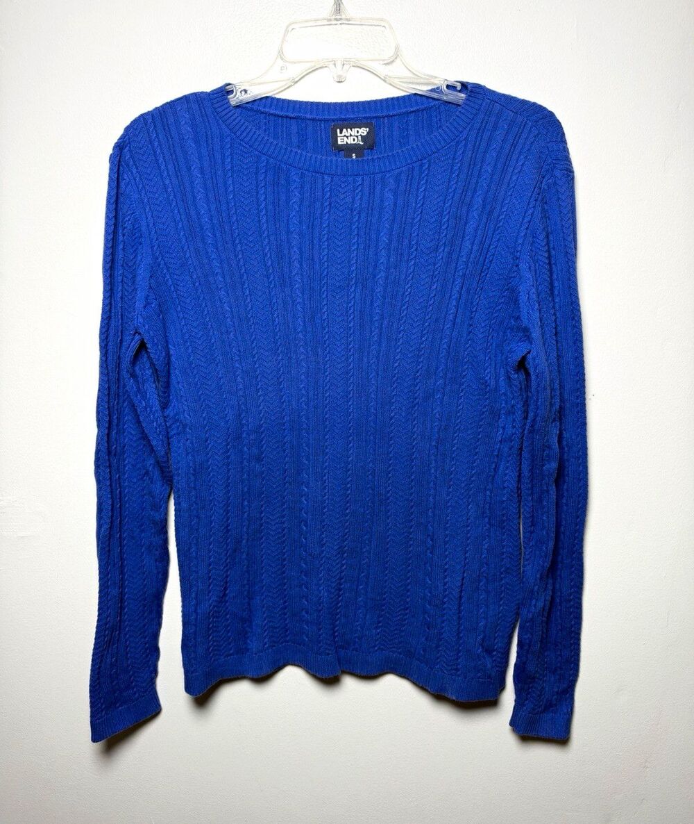 Lands' End Women’s S Blue Cable Knit Crew Neck Long Sleeve Pullover Sweater